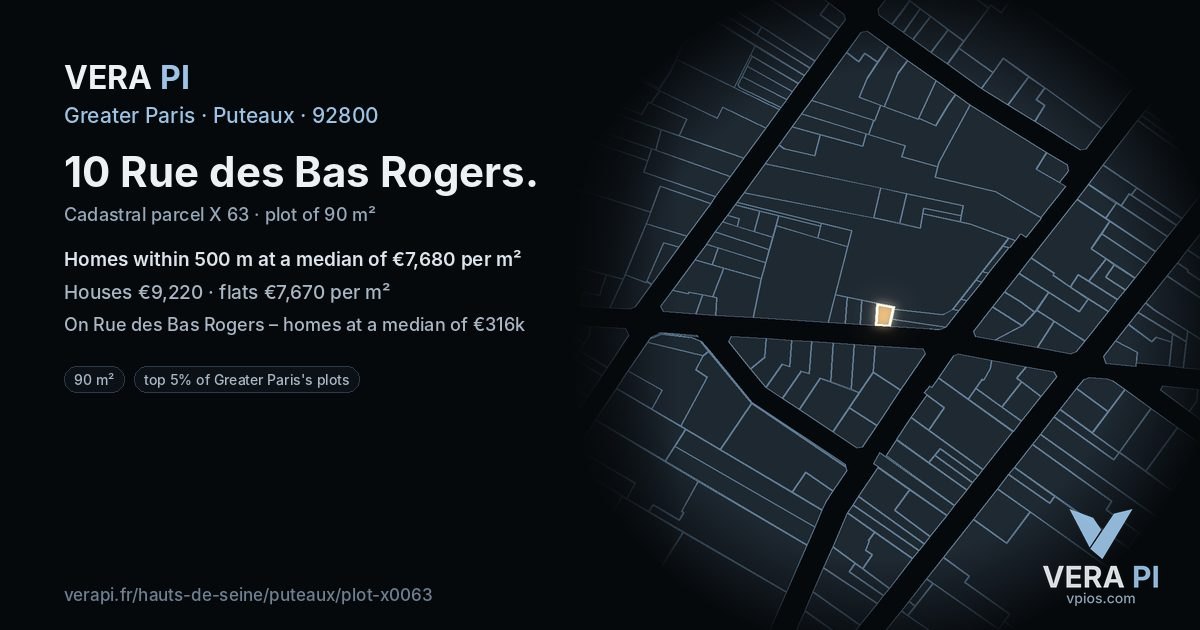 10 Rue des Bas Rogers, Puteaux at night – the plot lit, the parcels around coloured by the prices near them