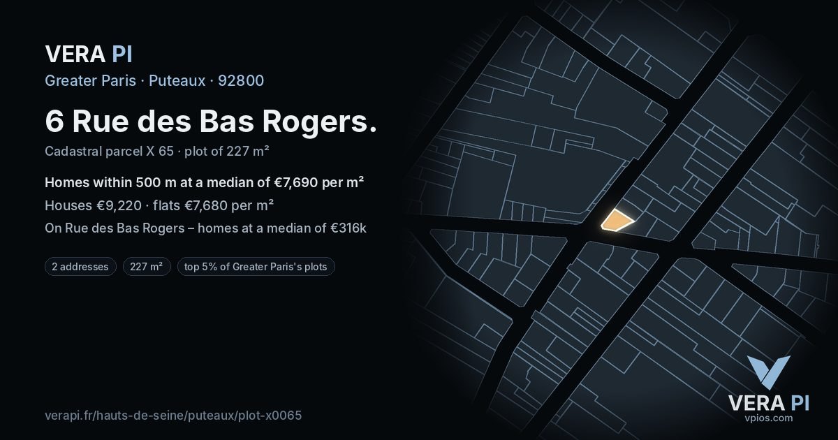 6 Rue des Bas Rogers, Puteaux at night – the plot lit, the parcels around coloured by the prices near them