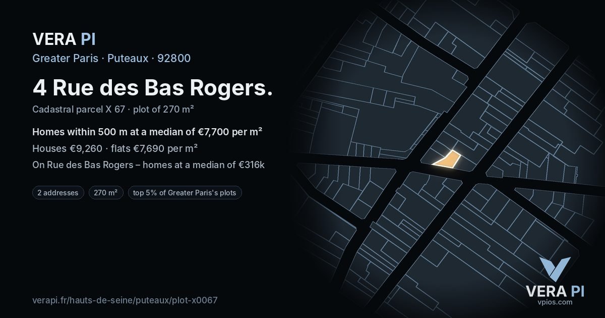 4 Rue des Bas Rogers, Puteaux at night – the plot lit, the parcels around coloured by the prices near them
