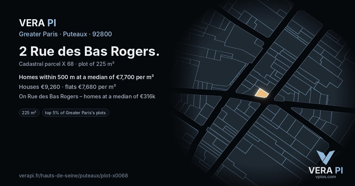 2 Rue des Bas Rogers, Puteaux at night – the plot lit, the parcels around coloured by the prices near them