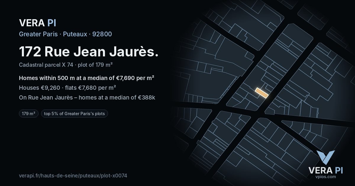 172 Rue Jean Jaurès, Puteaux at night – the plot lit, the parcels around coloured by the prices near them