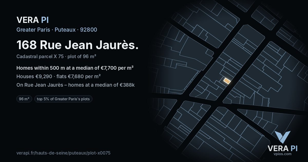 168 Rue Jean Jaurès, Puteaux at night – the plot lit, the parcels around coloured by the prices near them