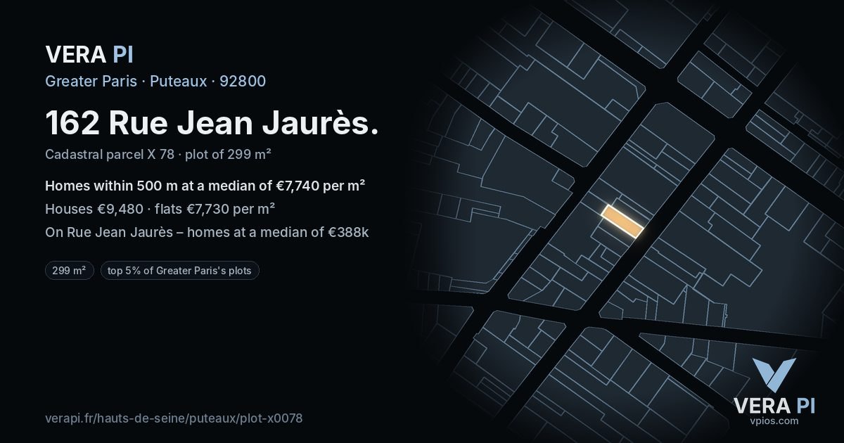 162 Rue Jean Jaurès, Puteaux at night – the plot lit, the parcels around coloured by the prices near them