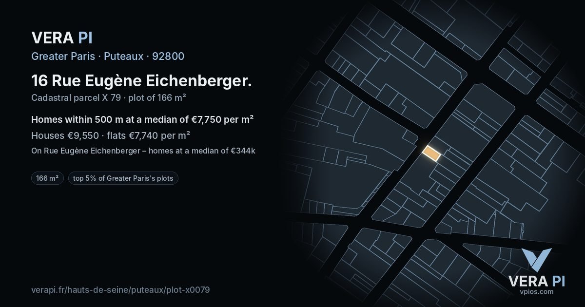 16 Rue Eugène Eichenberger, Puteaux at night – the plot lit, the parcels around coloured by the prices near them