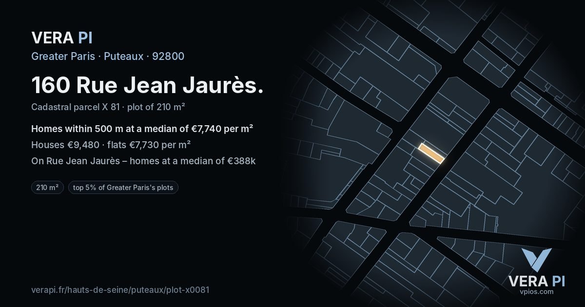160 Rue Jean Jaurès, Puteaux at night – the plot lit, the parcels around coloured by the prices near them