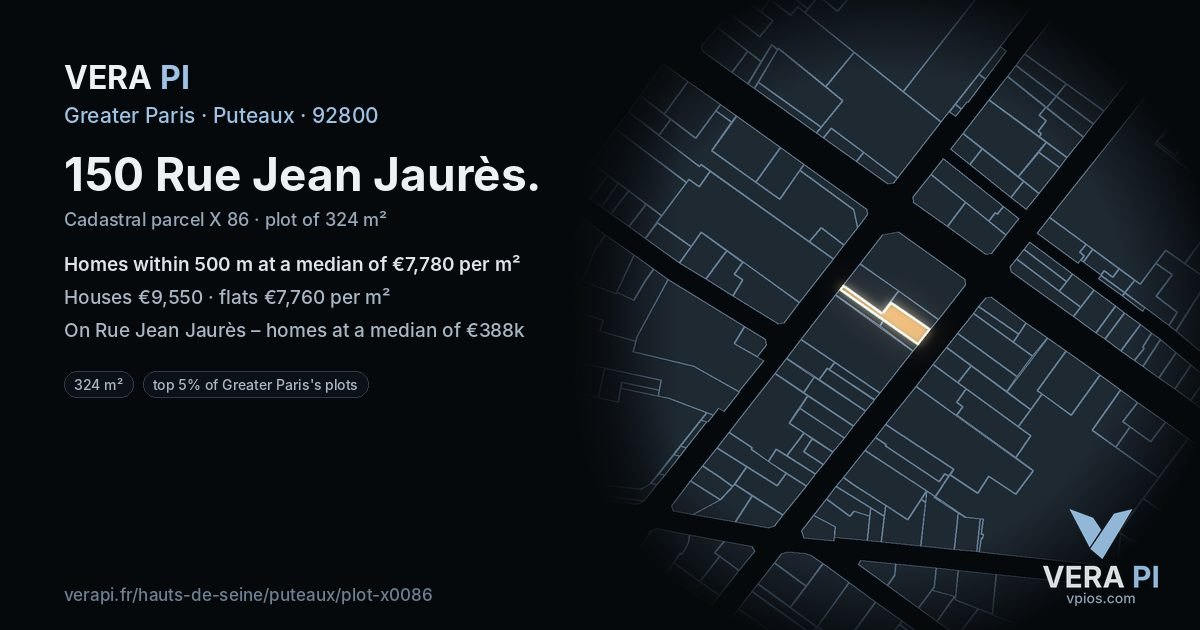 150 Rue Jean Jaurès, Puteaux at night – the plot lit, the parcels around coloured by the prices near them