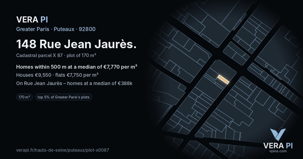 148 Rue Jean Jaurès, Puteaux at night – the plot lit, the parcels around coloured by the prices near them