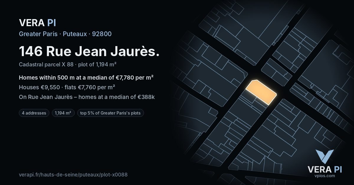 146 Rue Jean Jaurès, Puteaux at night – the plot lit, the parcels around coloured by the prices near them