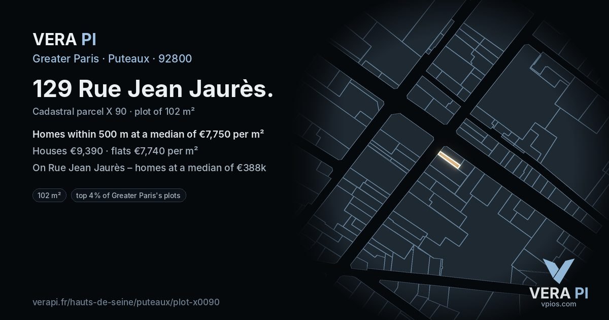 129 Rue Jean Jaurès, Puteaux at night – the plot lit, the parcels around coloured by the prices near them