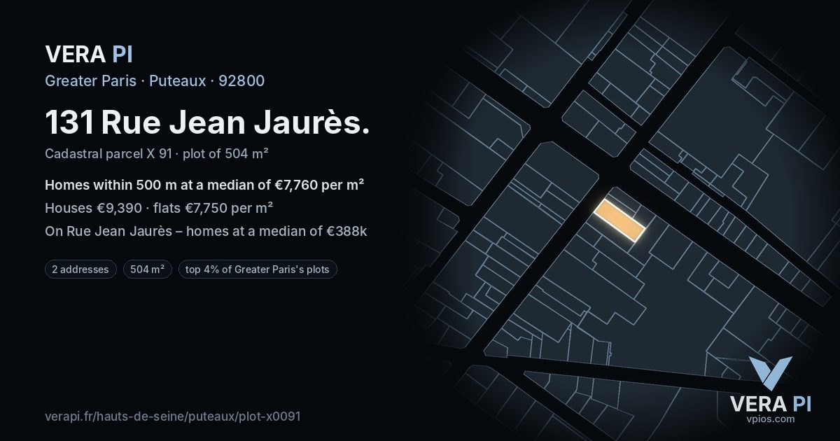 131 Rue Jean Jaurès, Puteaux at night – the plot lit, the parcels around coloured by the prices near them