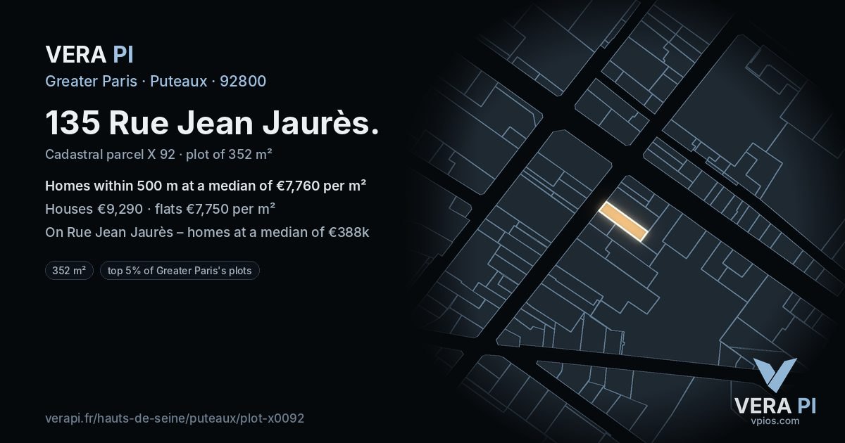135 Rue Jean Jaurès, Puteaux at night – the plot lit, the parcels around coloured by the prices near them