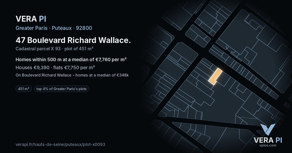 47 Boulevard Richard Wallace, Puteaux at night – the plot lit, the parcels around coloured by the prices near them