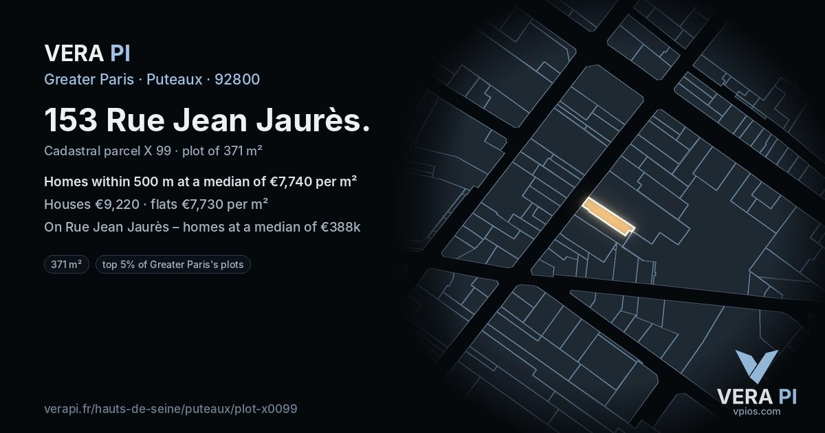 153 Rue Jean Jaurès, Puteaux at night – the plot lit, the parcels around coloured by the prices near them