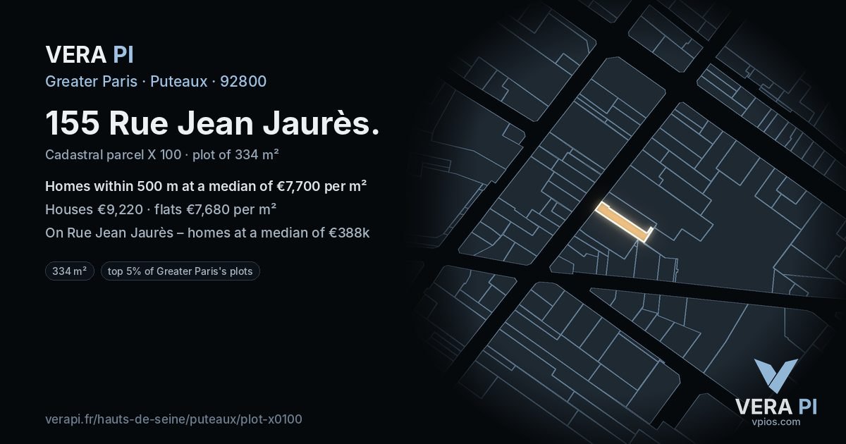 155 Rue Jean Jaurès, Puteaux at night – the plot lit, the parcels around coloured by the prices near them