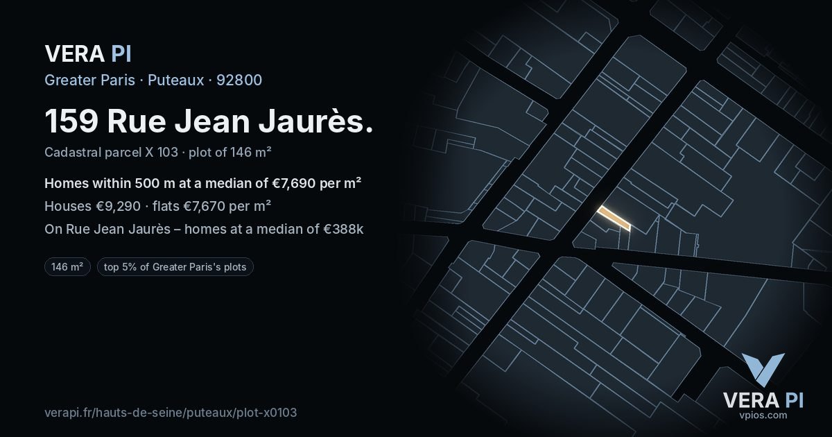 159 Rue Jean Jaurès, Puteaux at night – the plot lit, the parcels around coloured by the prices near them