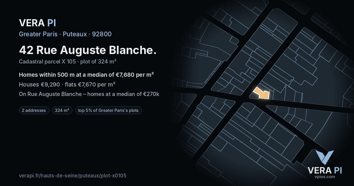 42 Rue Auguste Blanche, Puteaux at night – the plot lit, the parcels around coloured by the prices near them