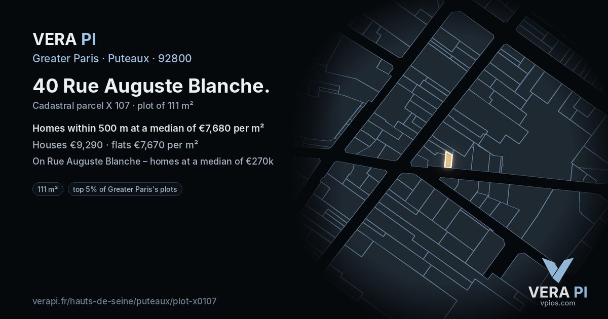 40 Rue Auguste Blanche, Puteaux at night – the plot lit, the parcels around coloured by the prices near them