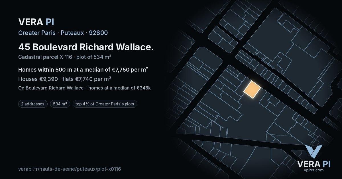 45 Boulevard Richard Wallace, Puteaux at night – the plot lit, the parcels around coloured by the prices near them