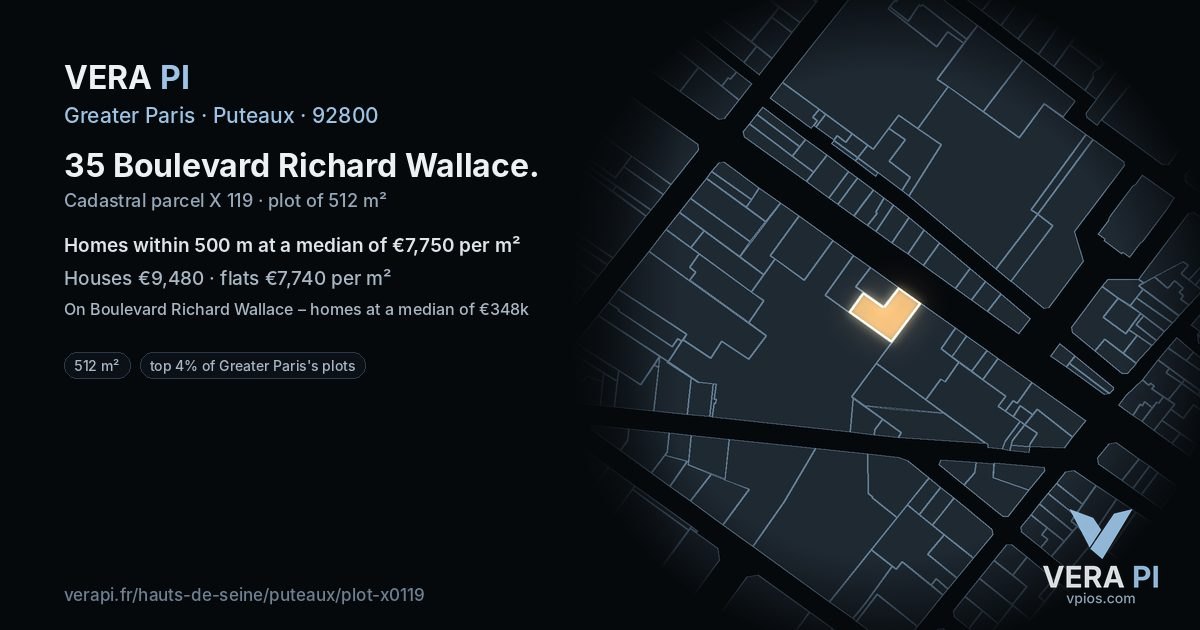35 Boulevard Richard Wallace, Puteaux at night – the plot lit, the parcels around coloured by the prices near them