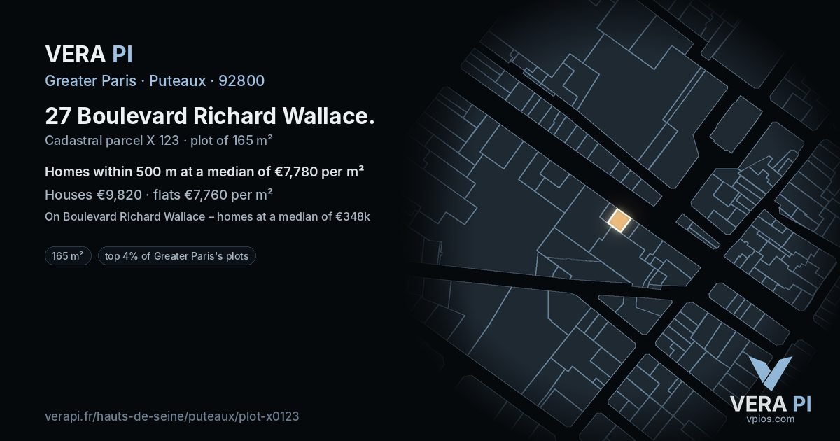 27 Boulevard Richard Wallace, Puteaux at night – the plot lit, the parcels around coloured by the prices near them