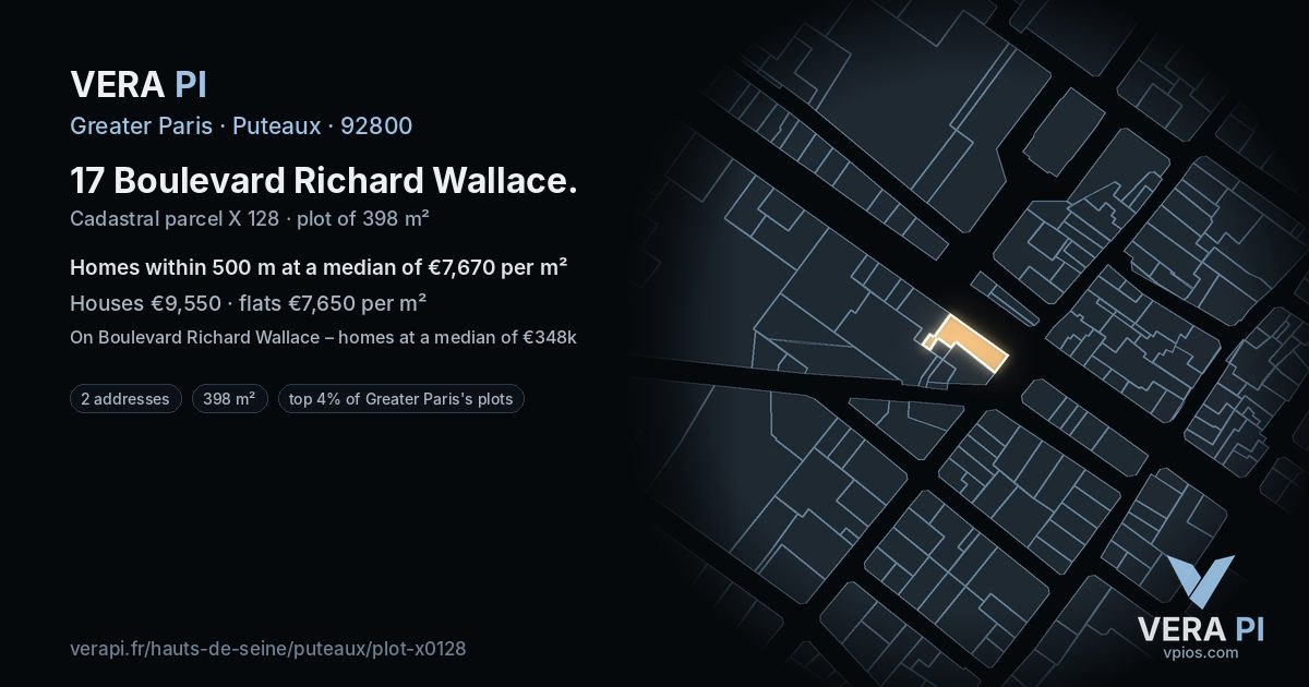 17 Boulevard Richard Wallace, Puteaux at night – the plot lit, the parcels around coloured by the prices near them