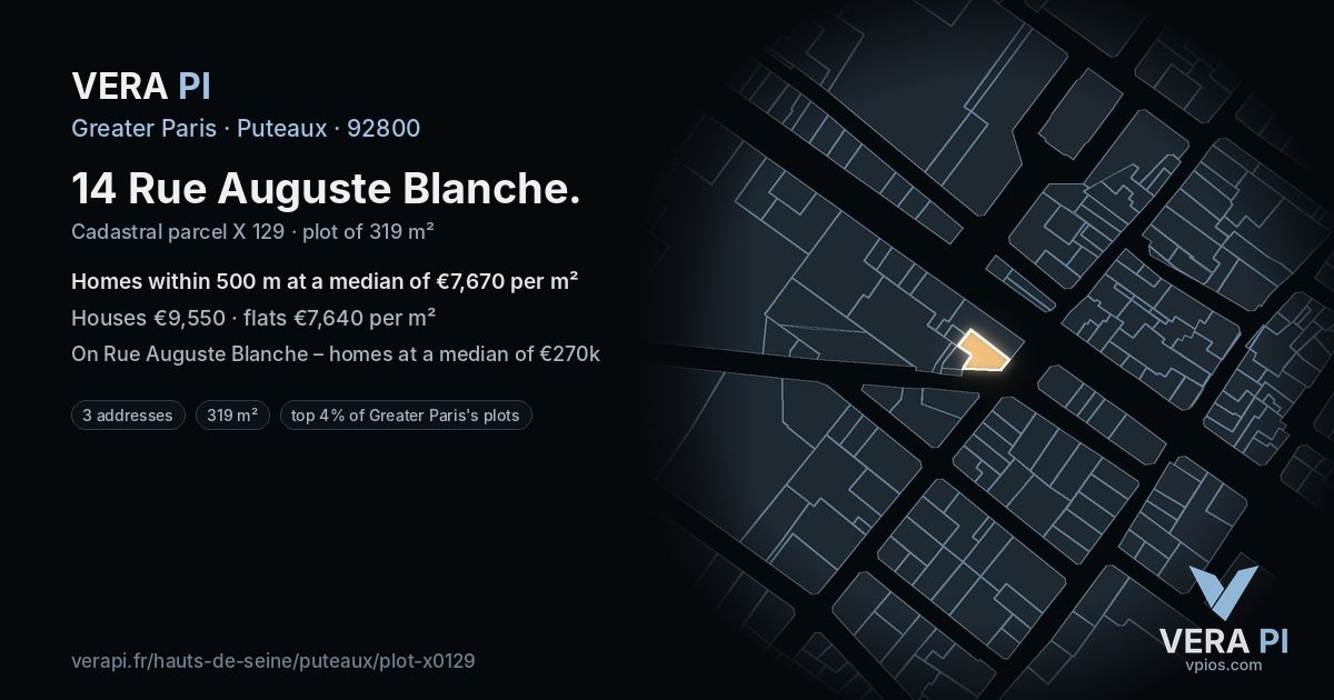 14 Rue Auguste Blanche, Puteaux at night – the plot lit, the parcels around coloured by the prices near them