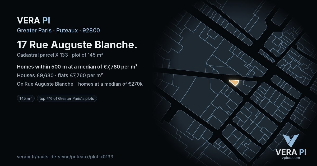 17 Rue Auguste Blanche, Puteaux at night – the plot lit, the parcels around coloured by the prices near them