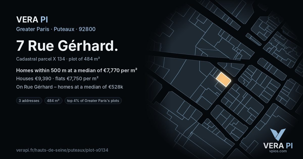 7 Rue Gérhard, Puteaux at night – the plot lit, the parcels around coloured by the prices near them