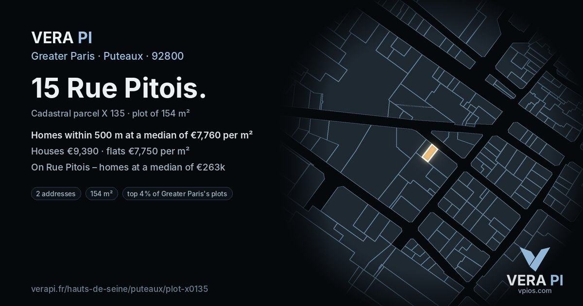 15 Rue Pitois, Puteaux at night – the plot lit, the parcels around coloured by the prices near them