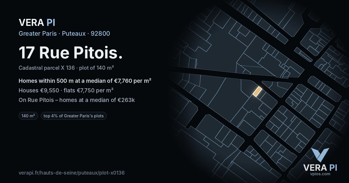 17 Rue Pitois, Puteaux at night – the plot lit, the parcels around coloured by the prices near them