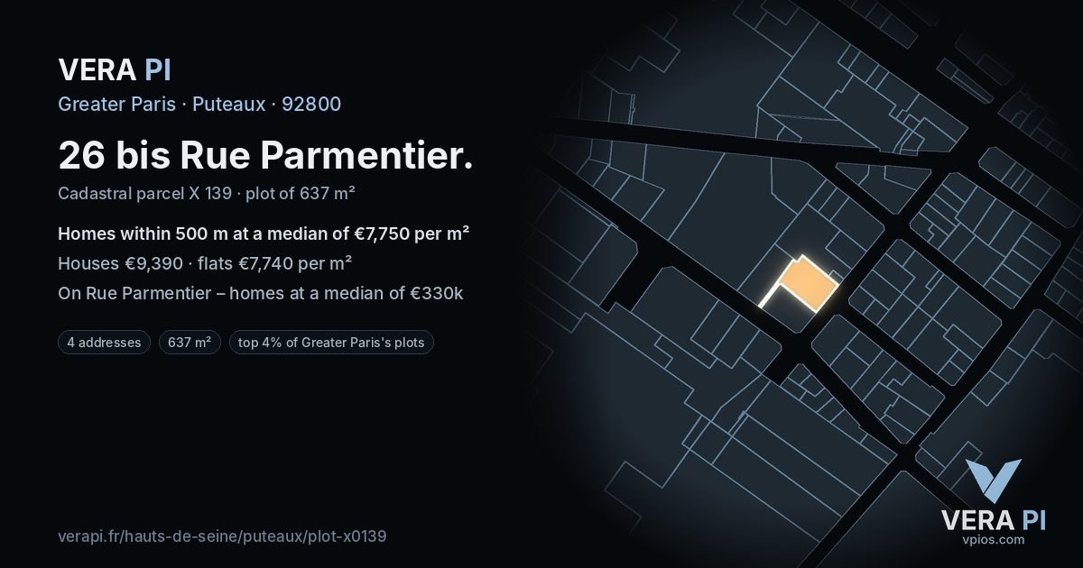 26 bis Rue Parmentier, Puteaux at night – the plot lit, the parcels around coloured by the prices near them