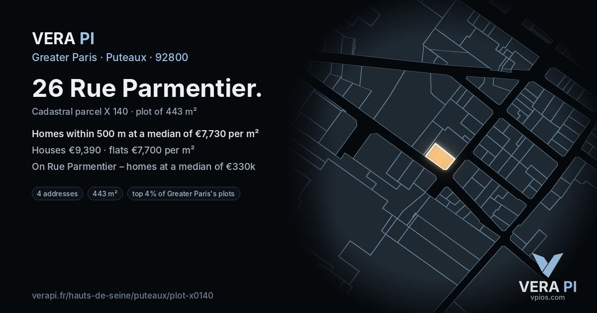 26 Rue Parmentier, Puteaux at night – the plot lit, the parcels around coloured by the prices near them