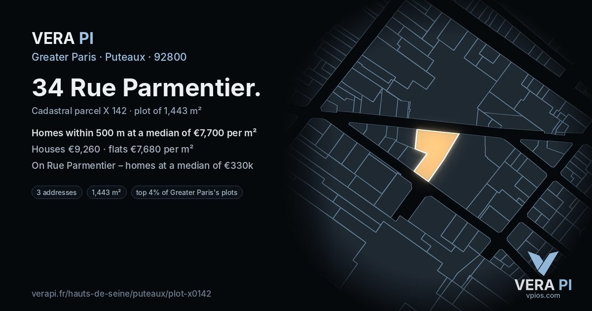 34 Rue Parmentier, Puteaux at night – the plot lit, the parcels around coloured by the prices near them