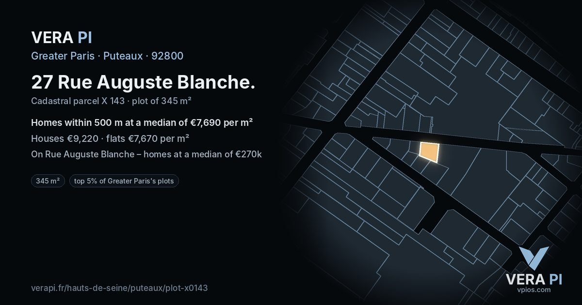 27 Rue Auguste Blanche, Puteaux at night – the plot lit, the parcels around coloured by the prices near them