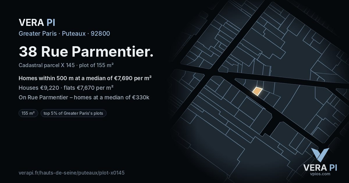 38 Rue Parmentier, Puteaux at night – the plot lit, the parcels around coloured by the prices near them