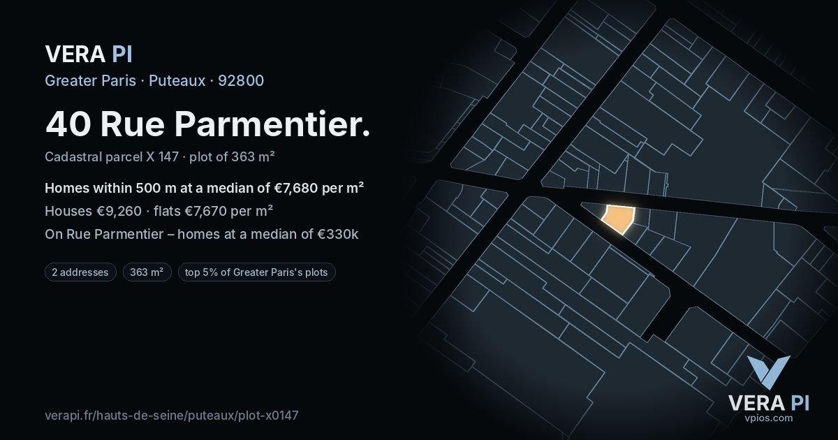 40 Rue Parmentier, Puteaux at night – the plot lit, the parcels around coloured by the prices near them