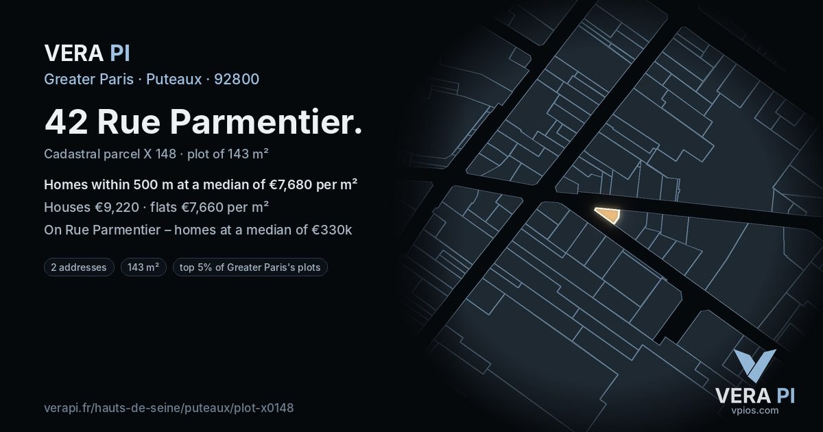 42 Rue Parmentier, Puteaux at night – the plot lit, the parcels around coloured by the prices near them