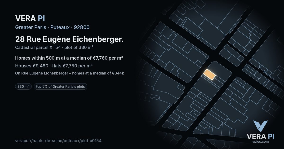28 Rue Eugène Eichenberger, Puteaux at night – the plot lit, the parcels around coloured by the prices near them