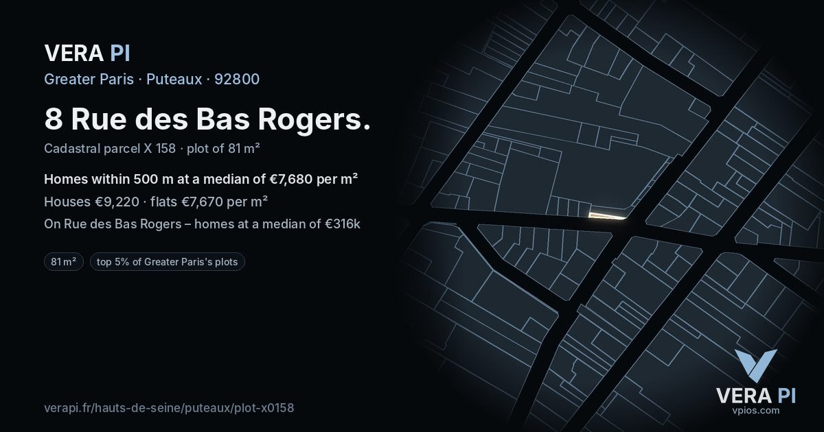 8 Rue des Bas Rogers, Puteaux at night – the plot lit, the parcels around coloured by the prices near them