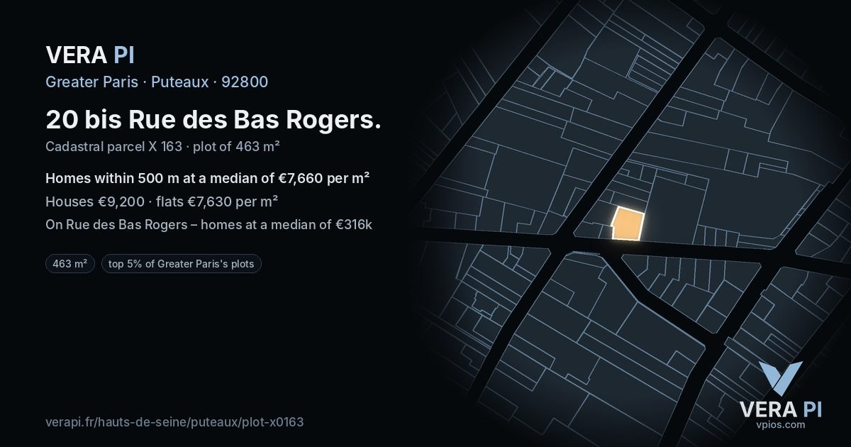 20 bis Rue des Bas Rogers, Puteaux at night – the plot lit, the parcels around coloured by the prices near them