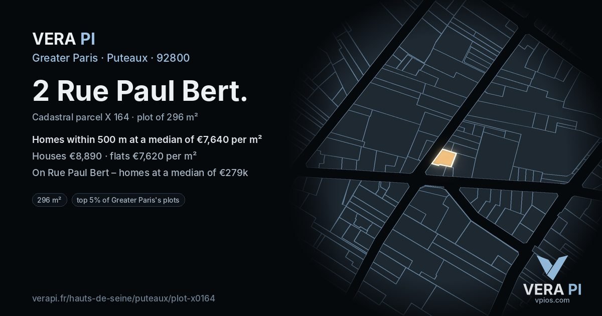 2 Rue Paul Bert, Puteaux at night – the plot lit, the parcels around coloured by the prices near them