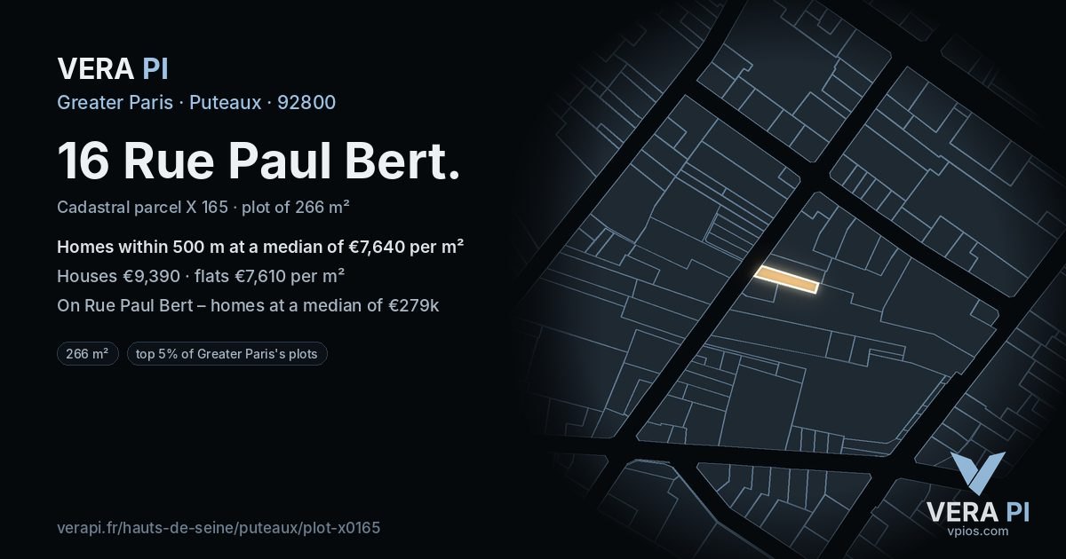 16 Rue Paul Bert, Puteaux at night – the plot lit, the parcels around coloured by the prices near them
