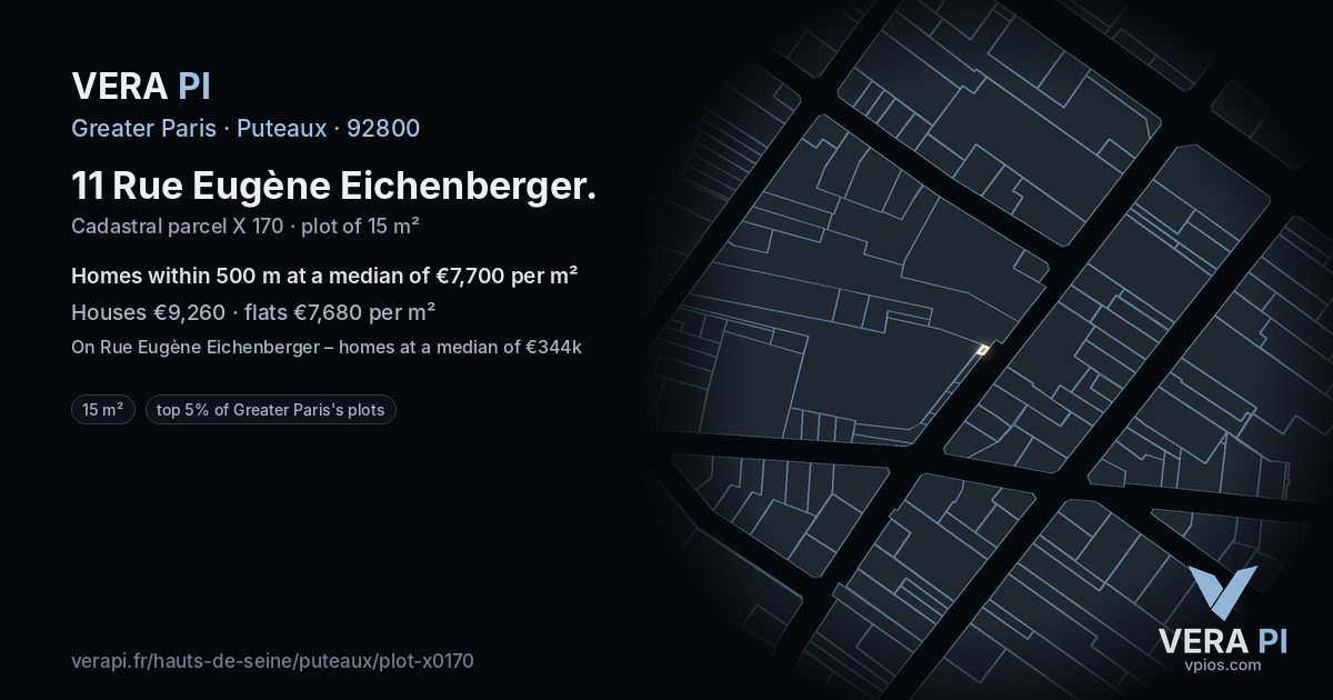 11 Rue Eugène Eichenberger, Puteaux at night – the plot lit, the parcels around coloured by the prices near them