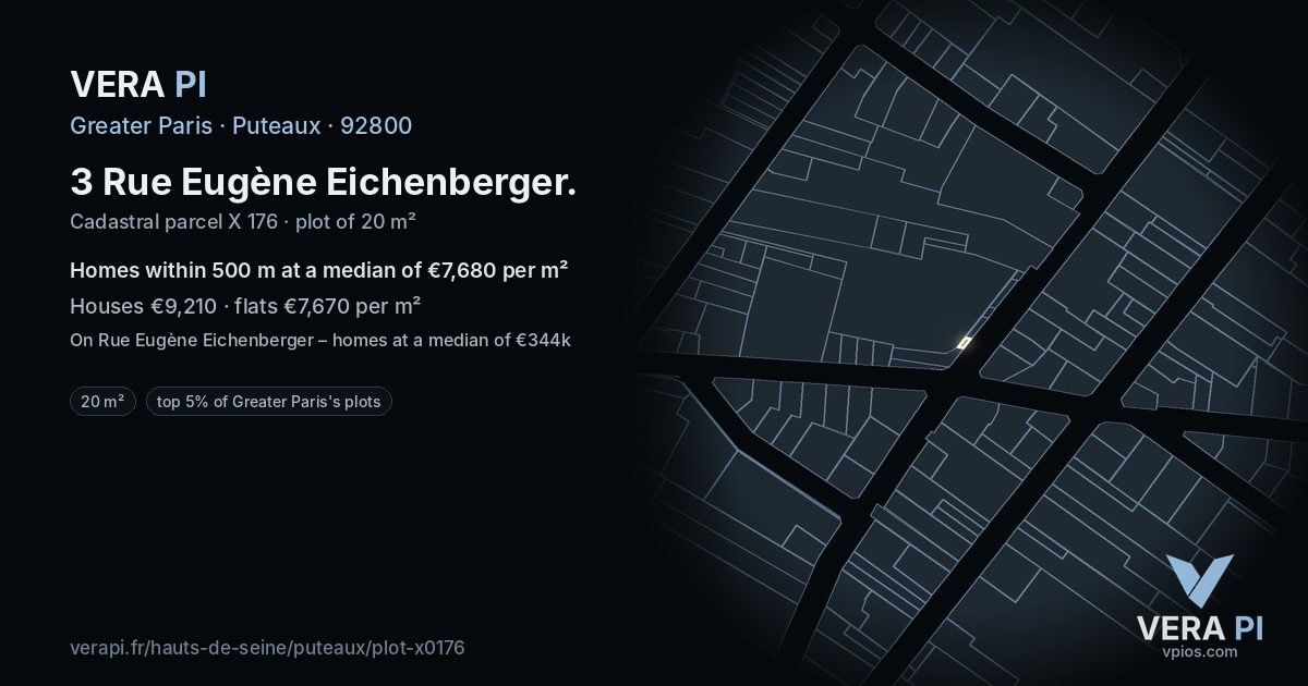 3 Rue Eugène Eichenberger, Puteaux at night – the plot lit, the parcels around coloured by the prices near them