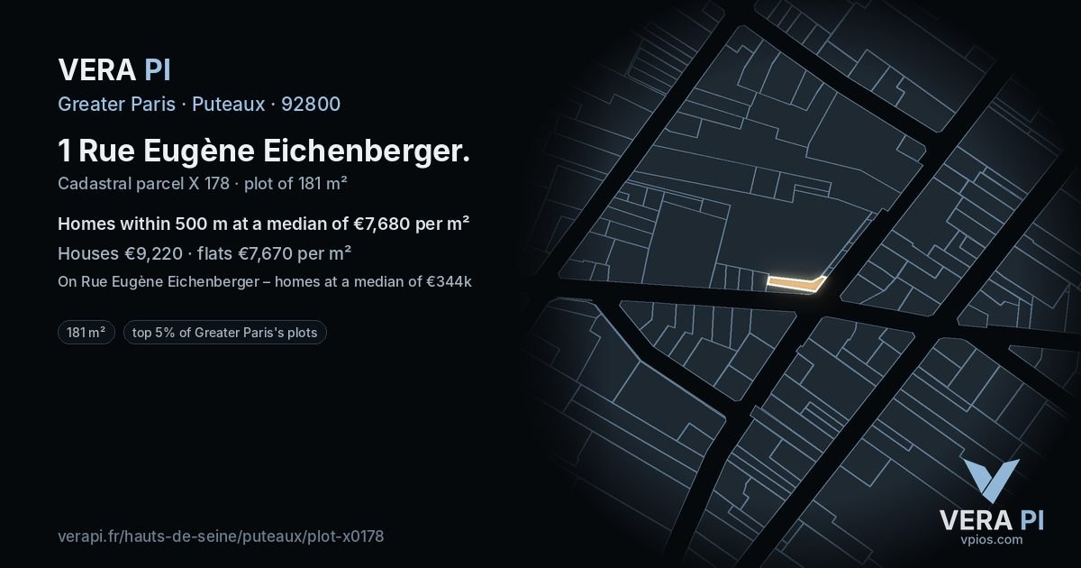 1 Rue Eugène Eichenberger, Puteaux at night – the plot lit, the parcels around coloured by the prices near them