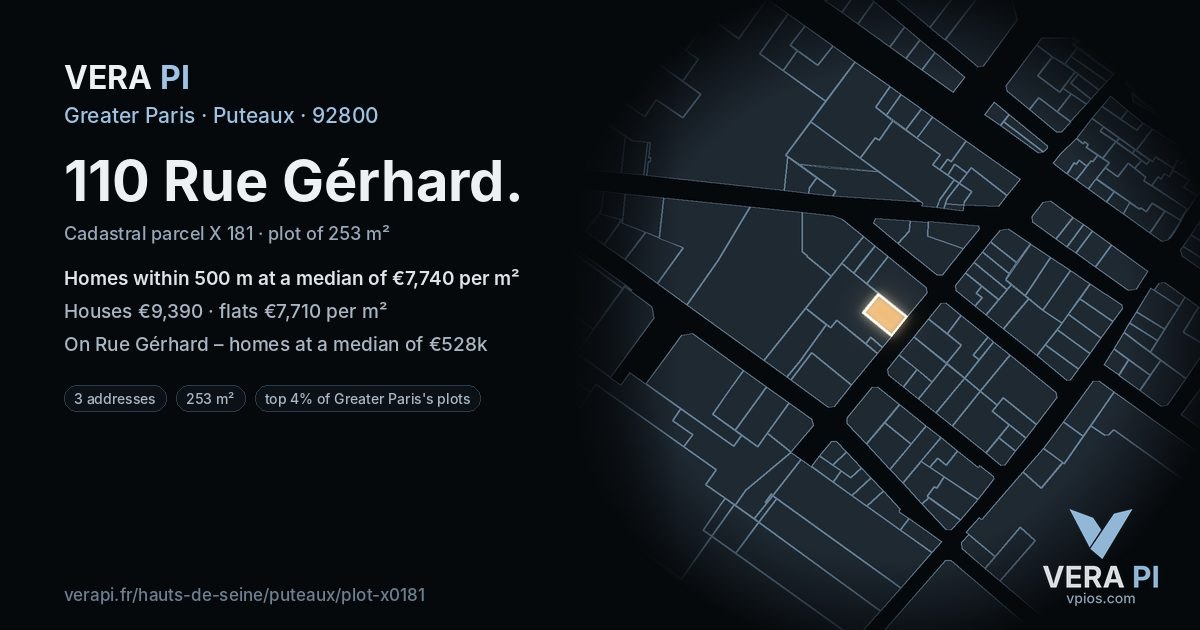 110 Rue Gérhard, Puteaux at night – the plot lit, the parcels around coloured by the prices near them