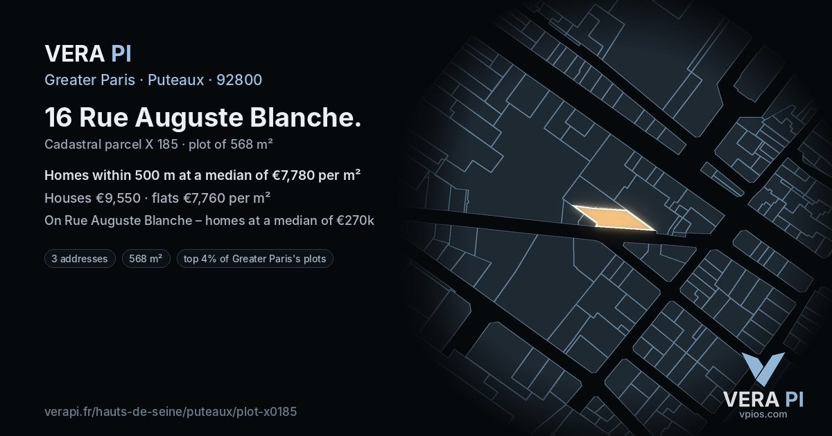 16 Rue Auguste Blanche, Puteaux at night – the plot lit, the parcels around coloured by the prices near them