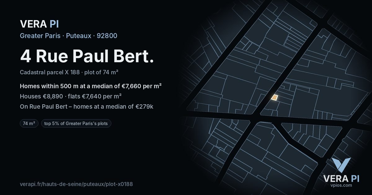 4 Rue Paul Bert, Puteaux at night – the plot lit, the parcels around coloured by the prices near them