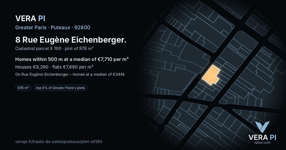 8 Rue Eugène Eichenberger, Puteaux at night – the plot lit, the parcels around coloured by the prices near them