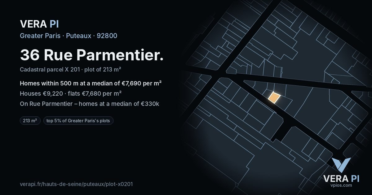 36 Rue Parmentier, Puteaux at night – the plot lit, the parcels around coloured by the prices near them